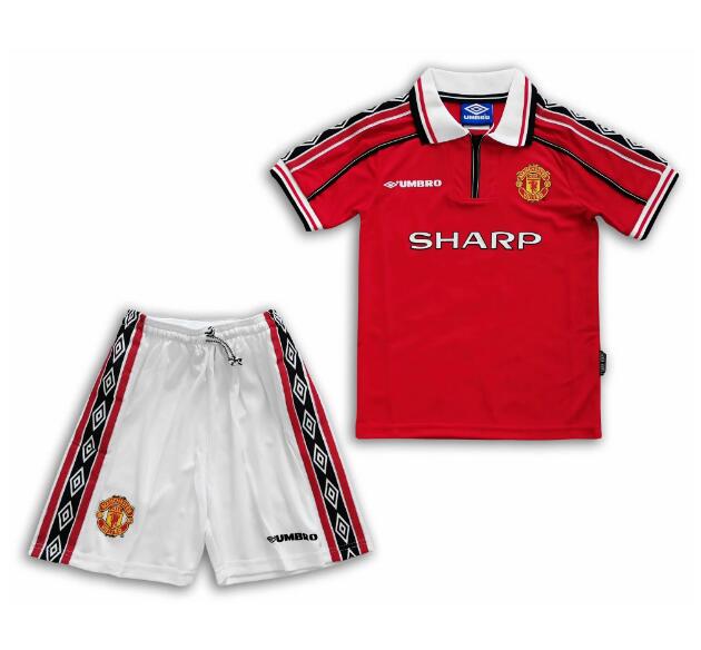 1998-99 Manchester United Retro Kids Home Soccer Shirt With Shorts